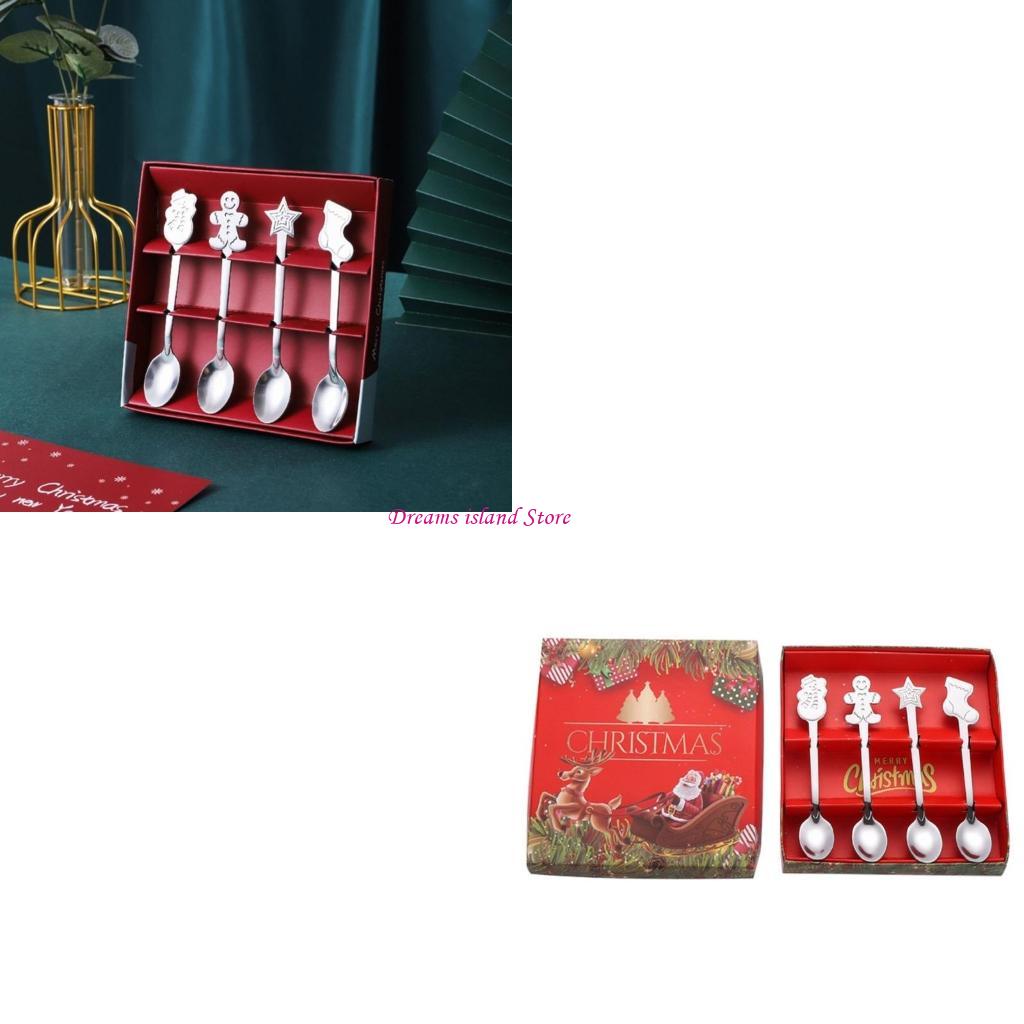 4Pieces Ice Cream Spoons Stirring SpoonS Christmas Themed Stainless Steel Material Coffee Spoons Dessert Spoons 4 Colors HX6C