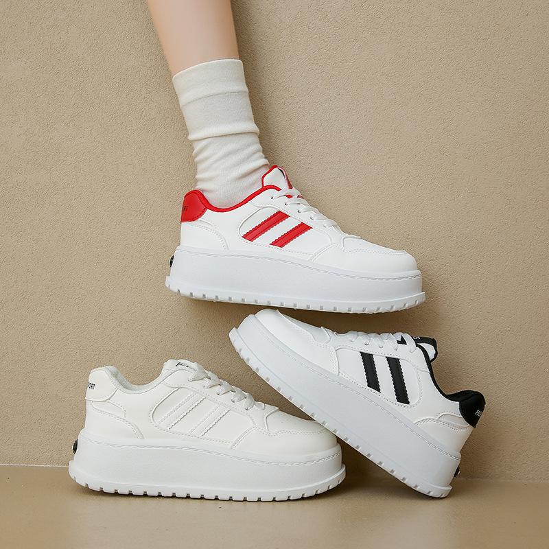 Mode Damen Sneaker 2024 Herbst Dicke Sohle Weiß Neue Freizeitschuhe Mesh Atmungsaktiv Schnürung Komfort Rutschfest Streifen Skateboard Schuhe