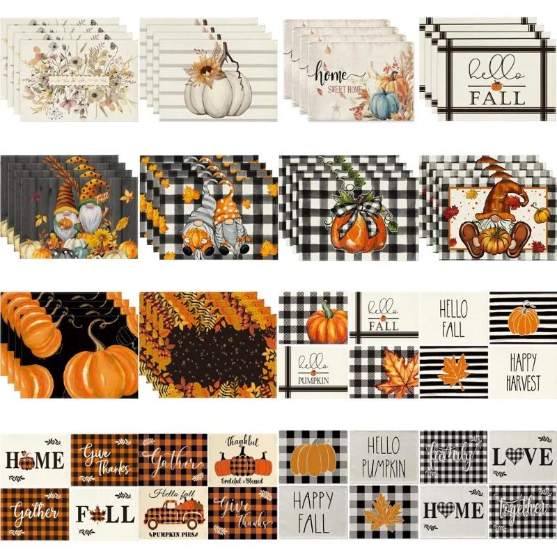 Fall Thanksgiving Table Mats Set of 4 Fall Pumpkin Maple Leaves Buffalo Plaid Placemats Seasonal Holiday Thanksgiving Placemats