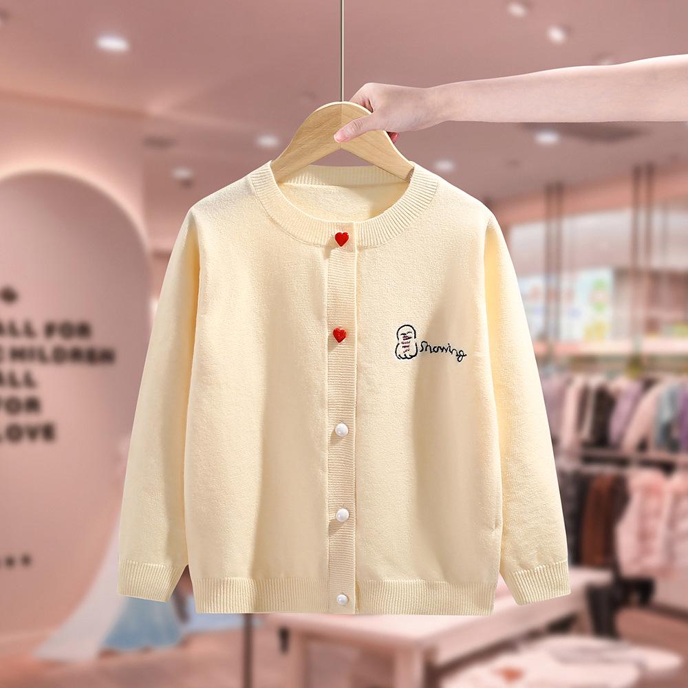 Girls 2025 Spring/Autumn Round Neck Cardigan: Stylish Single-Breasted Knitwear 120cm покинуть белый