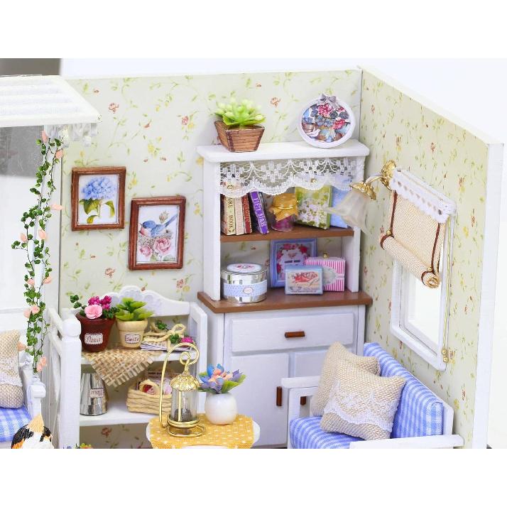 Ogrmar Wooden Dollhouse Miniatures DIY House Kit with Cover and Led Light-Cat Diary