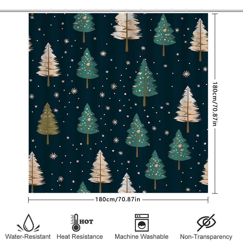Modern Christmas Tree Shower Curtain Blue Floral Pattern With White Stars For Bathroom Decoration Waterproof Fabric Shower Panel