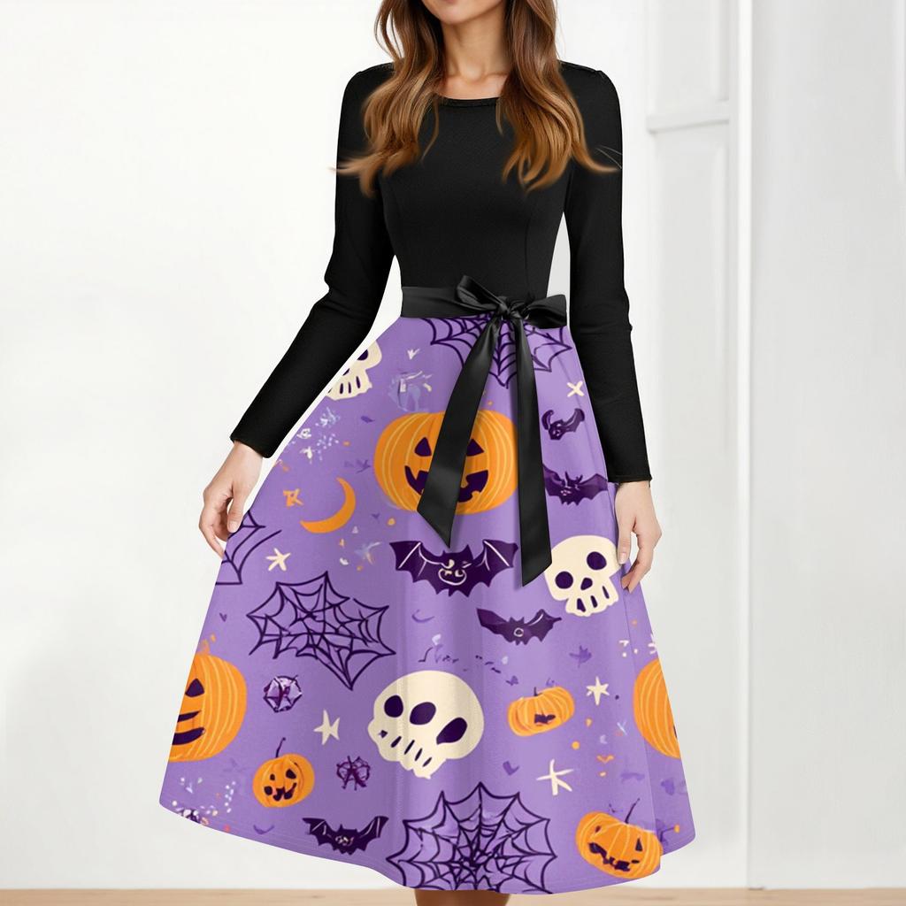 Women's Casual Fashion Halloween Printed Round Neck Vintage Dress