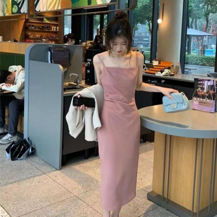 

Temperament Spring and Summer New Folded French Pink Dress Waist High Sense Skinny Split Suspender Long Dress S