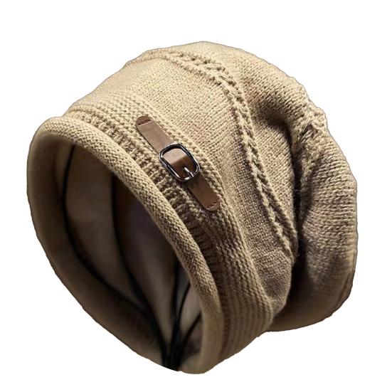 Knitted Hat Rolled-Edge Pile Shape Velvet Lining Women Hat Windproof Ear Protection Knitted Headgear