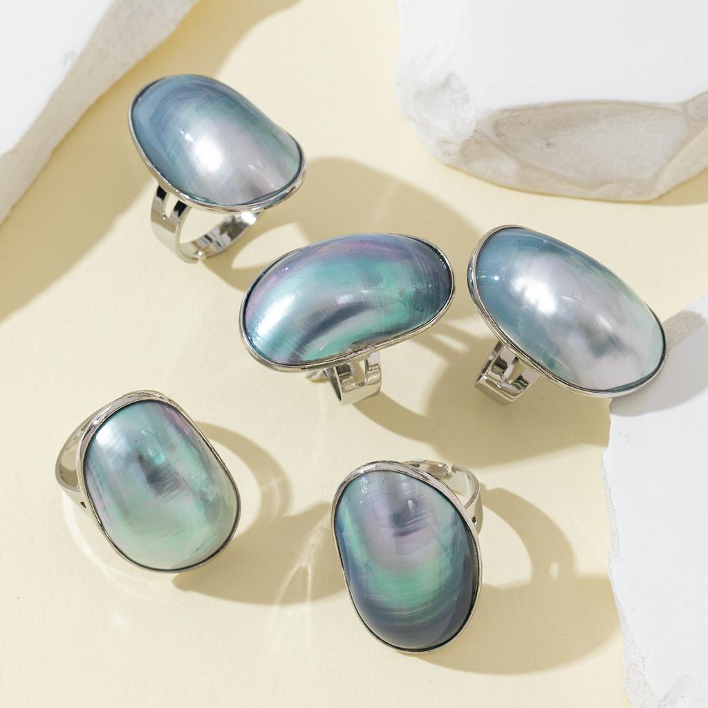 1 Pc Natural Shell Open Adjustable Ring Large Oval Abalone Shell Cabochon Open Band Statement Finger Ring for Women Jewelry