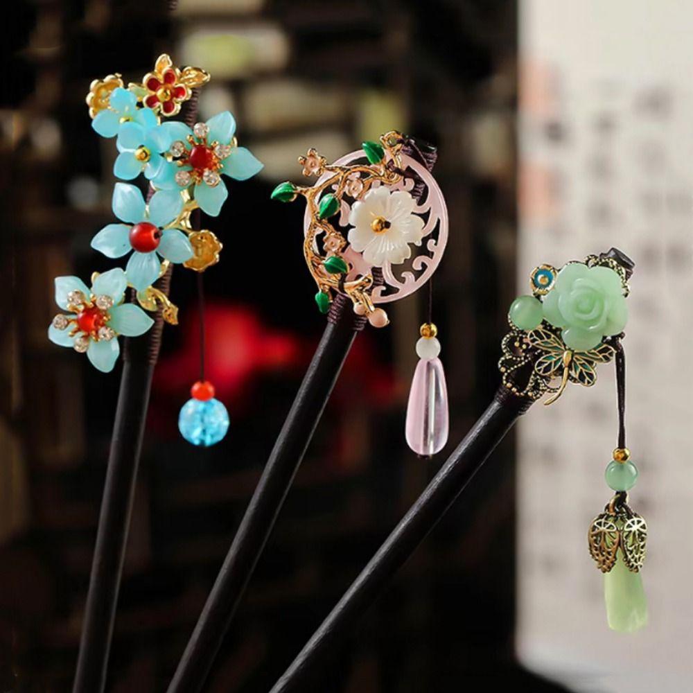 Wooden New Chinese Hair Stick Flower Hanfu Hair Bun Flower Hairpin For Women Girls