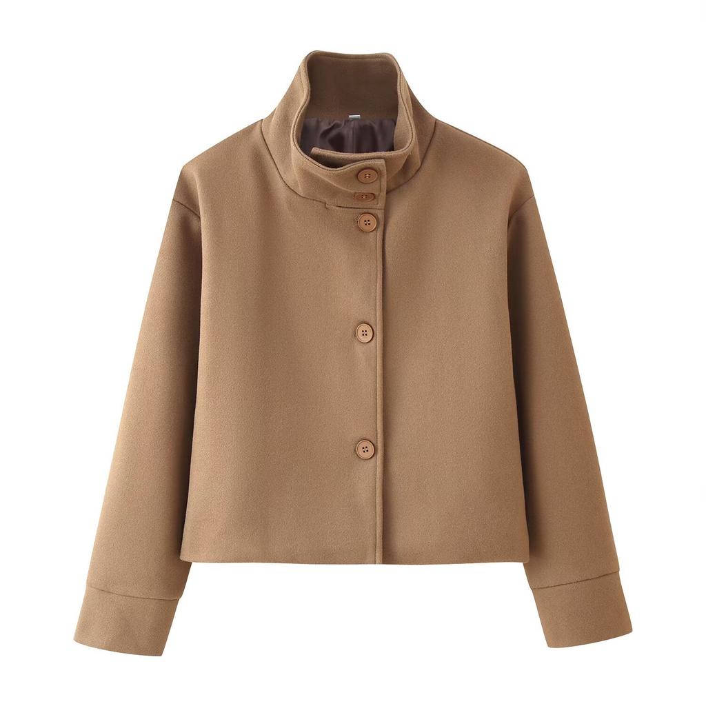 European and American women's clothing autumn and winter stand-up collar breasted short loose jacket casual solid color woolen coat top