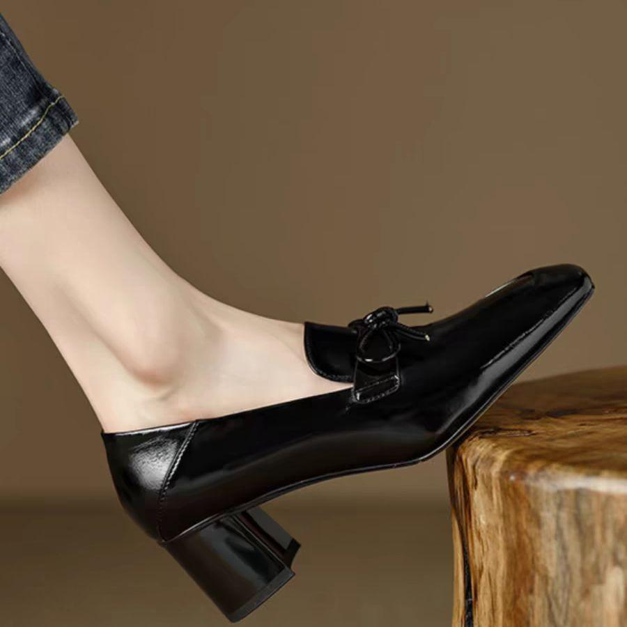 Retro square head British style small leather shoes women's 2025 spring and autumn new bow thick heel high heels deep mouth single shoes
