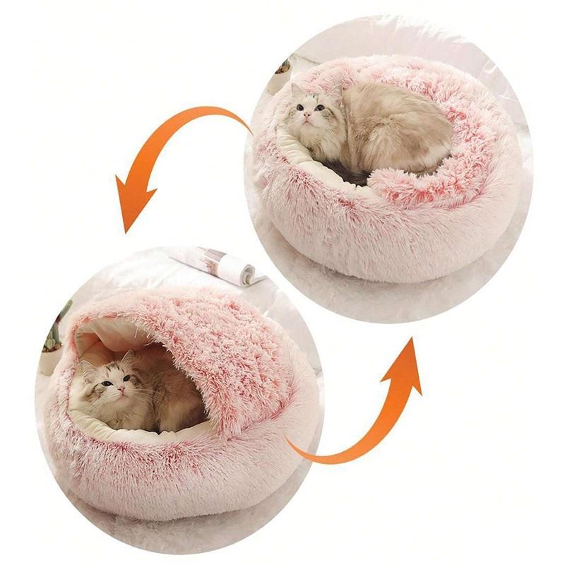 Plush Hooded Pet Bed Round Fluffy Soft Cat Bed Pet Cushion Warm Cat Dog 2 In 1 Sleeping Nest Cave for Small Dogs