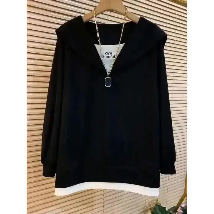 

Plus Size Women s Stylish Layered Long-Sleeve T-Shirt - Loose, Slimming, Tummy-Covering Top for Spring & Autumn S чорний