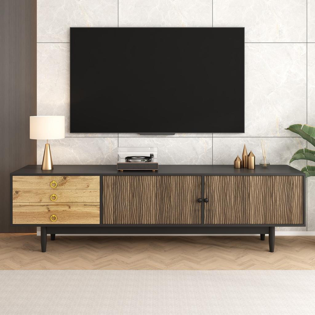 TV Cabinet, Lowboard with Door Panels with Water Wave Pattern and Three Drawers In a Wood and Black Color Scheme.