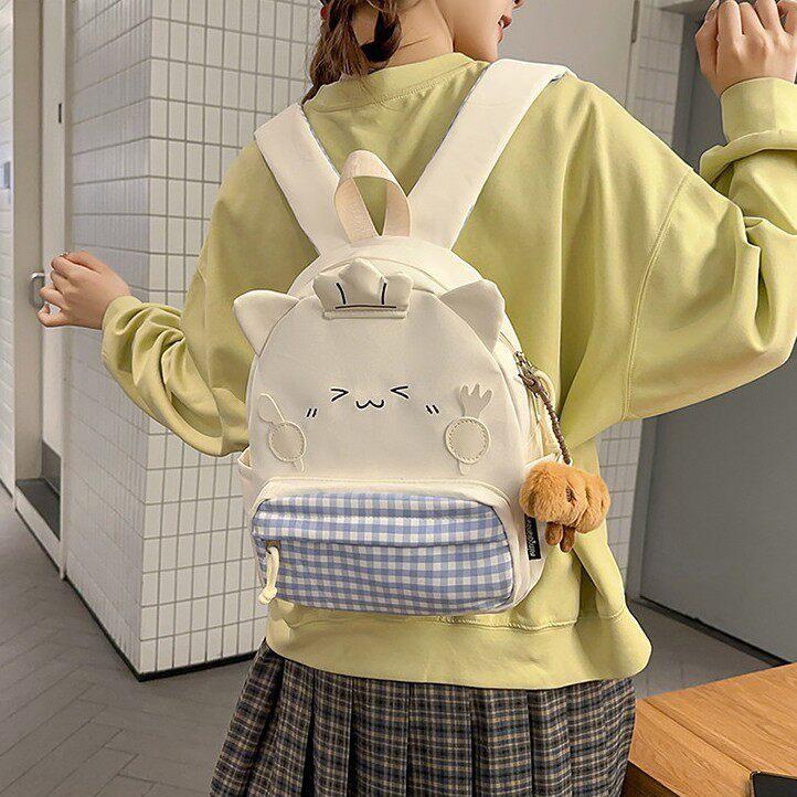 Schoolbag Cute Cartoon Plaid Backpack Female Student Travel Cat Small Backpack High Value Versatile Light Class Bag