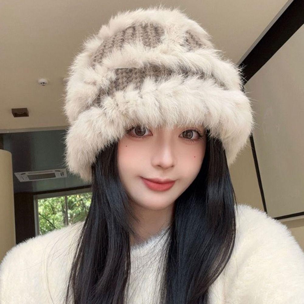 Plush Bucket Hat Cute Female Hats Portable Winter Knitted Hat Autumn/Winter