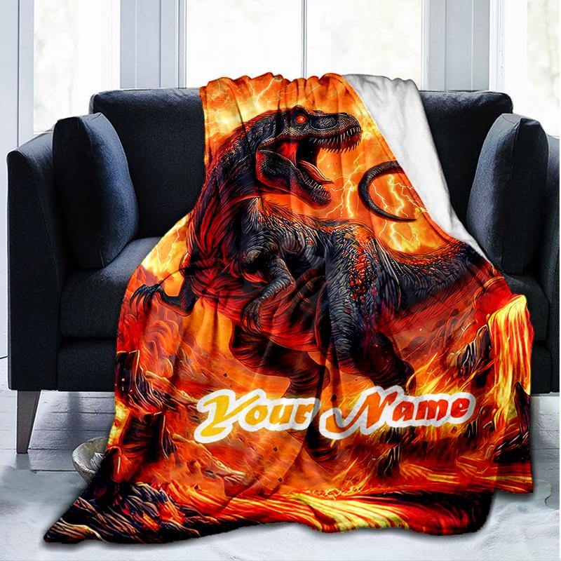 1PC Custom Name "Fiery Dinosaur Adventure" Outdooor Flannel Blankets Patterns Throw Blanket All-Season Soft Gift for Couch, Bed, Camping Gifts
