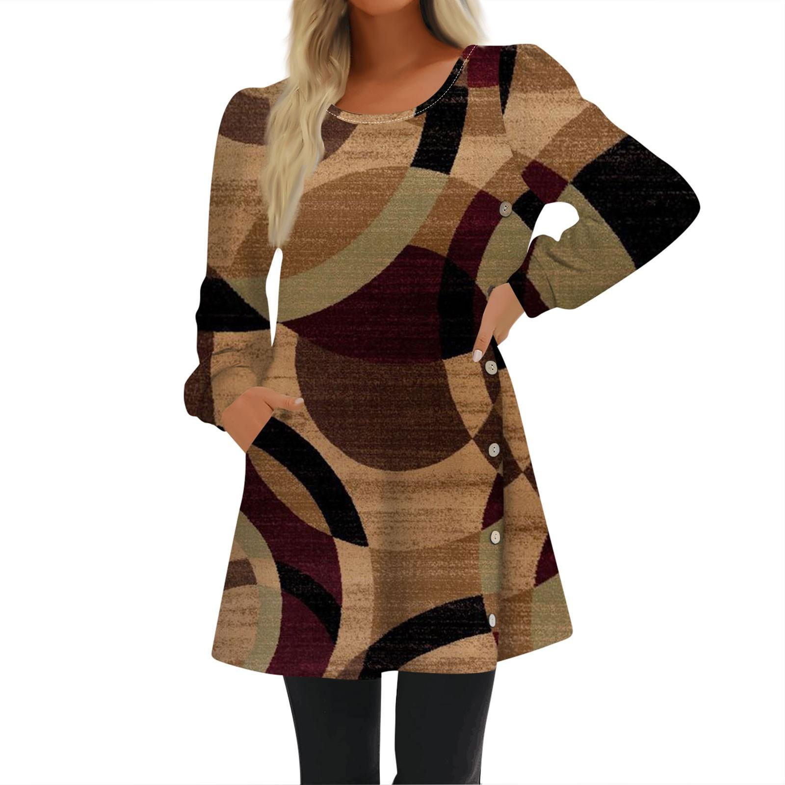 Модное женское повседневное свободное платье с круглым вырезом и пуговицами с длинным — фото 3