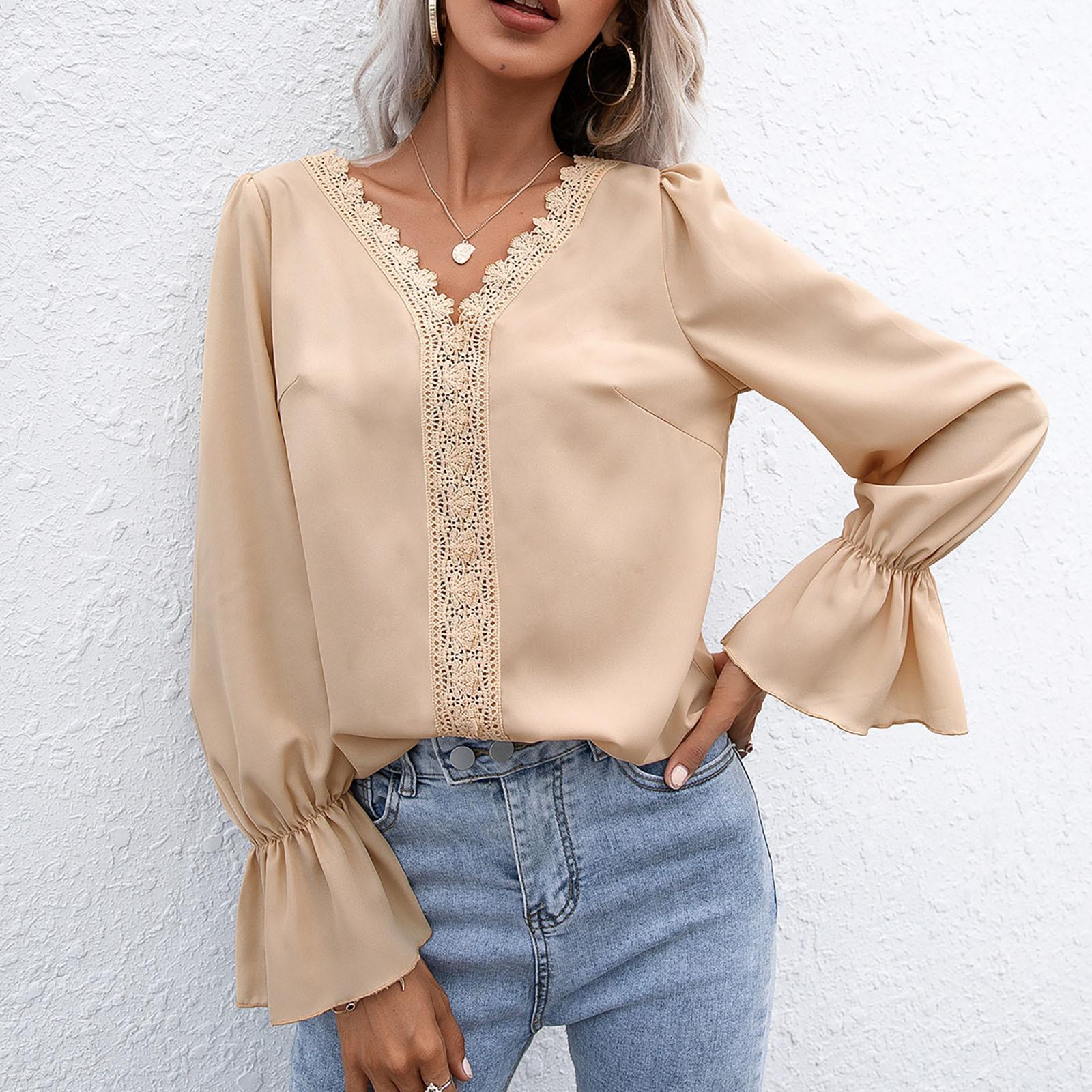 Womens Fashion  V-neck Long Sleeve Flared Sleeves  Lace Base Shirt Blouse Tops L бежевый