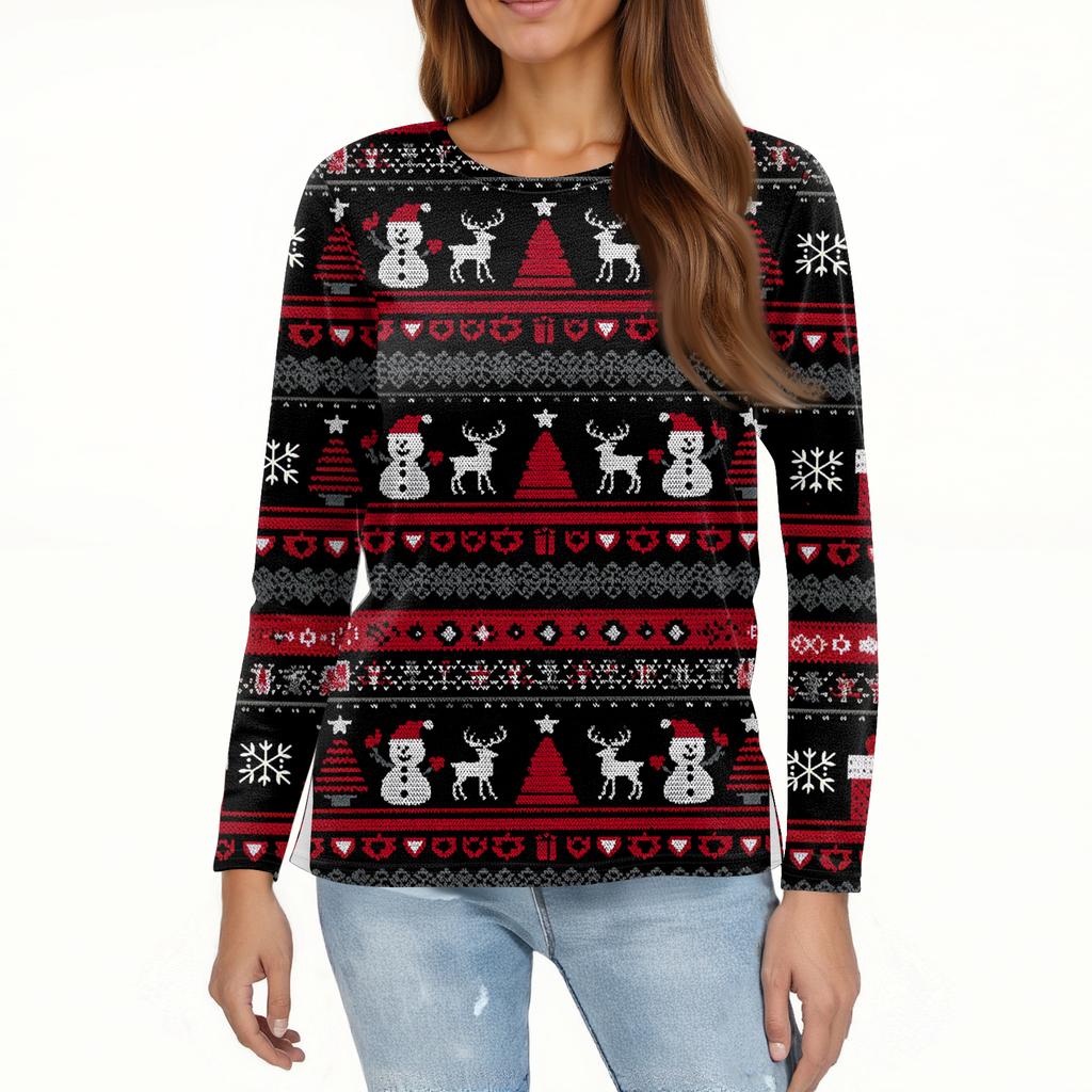 Women's Fashion Hem Slit Casual Christmas Printed Round Neck Long Sleeve Top