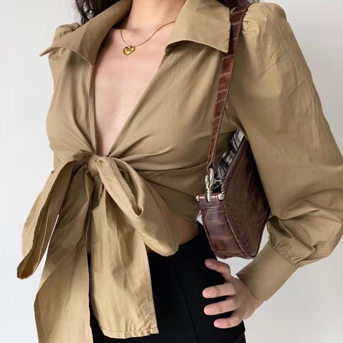 European & American Style V-Neck Lace-Up Lantern Sleeve Top for Women - Sexy High-Waisted Spring Shirt