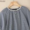 ZANZEA Women Grid Print Casual Round Neck Summer Short Sleeve Blouse