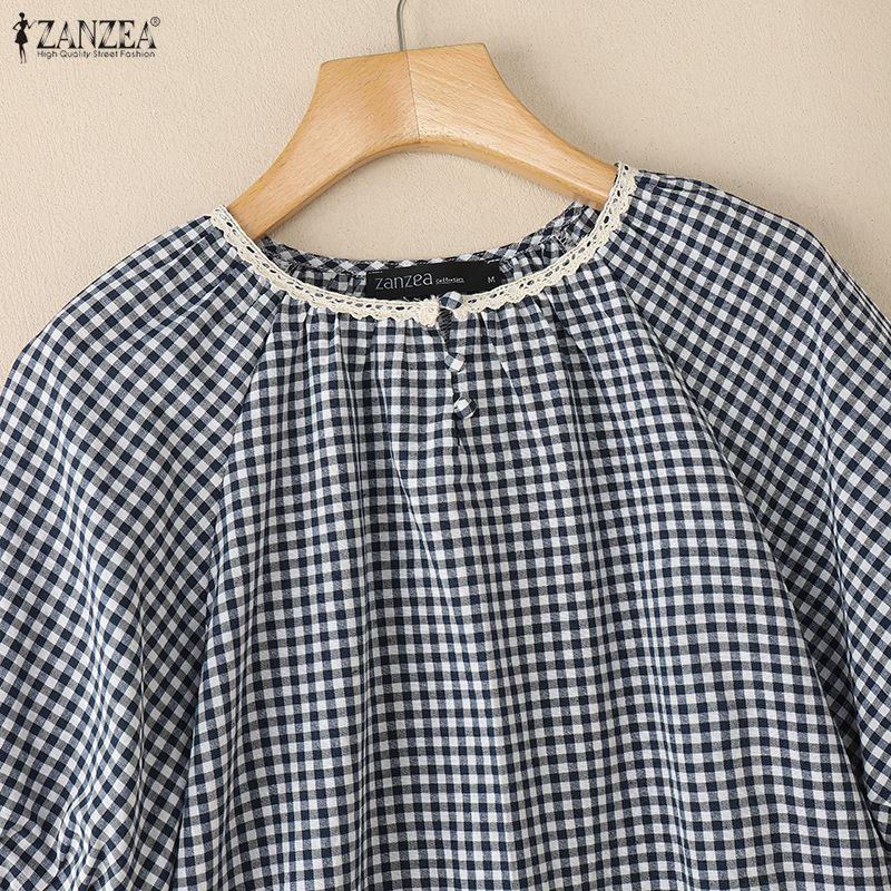 ZANZEA Women Grid Print Casual Round Neck Summer Short Sleeve Blouse
