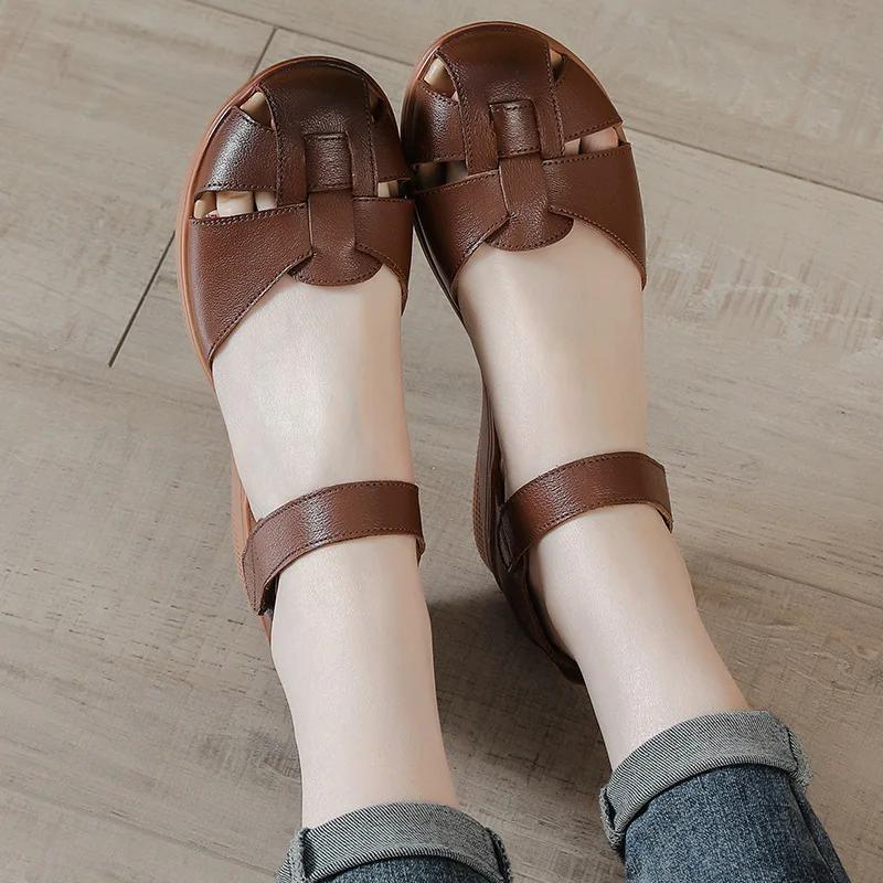 Mode Rindsleder Sommer Keilabsatz Sandalen Damen Echtes Leder Rutschfest Dicke Sohle Schuhe Mittelalterliche Ältere Mütter Weiche Sohle Schuhe