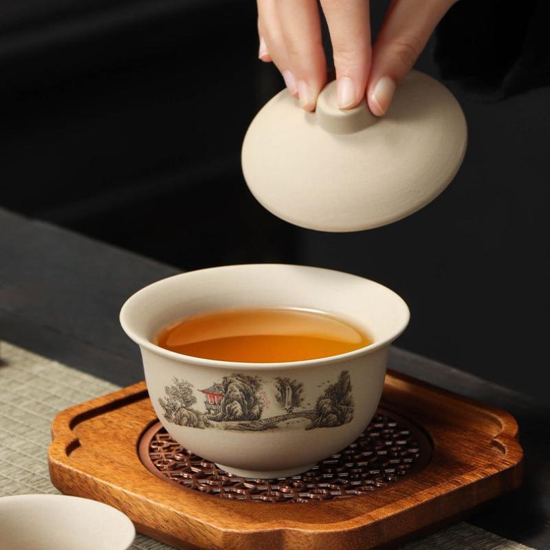 Stoneware Kungfu TeaSet - SancaiLiddedBowl & Teacups for CorporateGifts StoreOpening TraditionalChineseCeramic Commemorative Set
