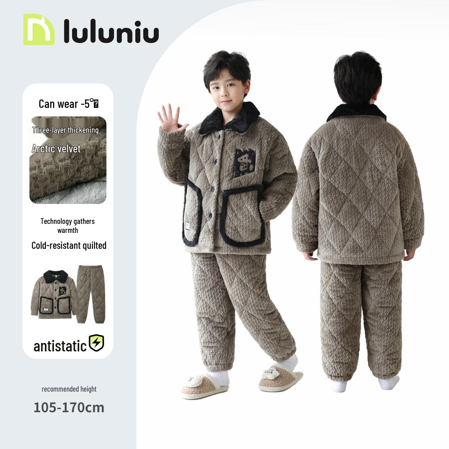 

Boys Thick Flannel Quilted Pajamas - Warm Three-Layer Coral Fleece Homewear for Kids 110cm (Height 105-115cm)