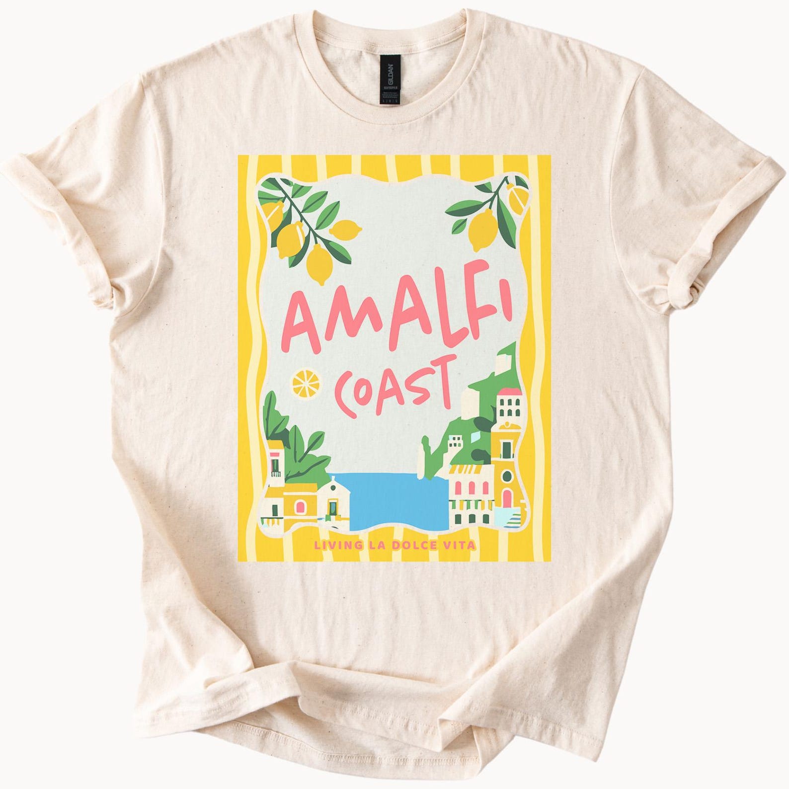 Amalfi Coast Lemon Italy Graphic T Shirt Summer Italian Riviera Travel Art Tee Living La Dolce Vita Colorful Beach Shirt 150