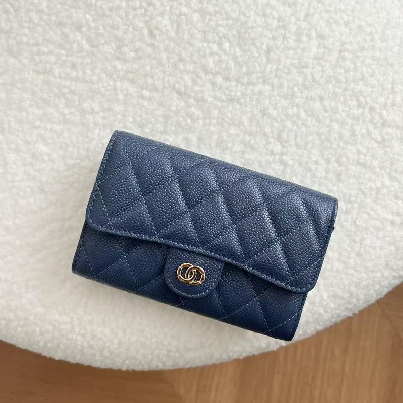 2026 New Caviar Patterned Cowhide Long Three Fold Wallet Hand-held Bag Chain Strap Crossbody Genuine Leather Women's