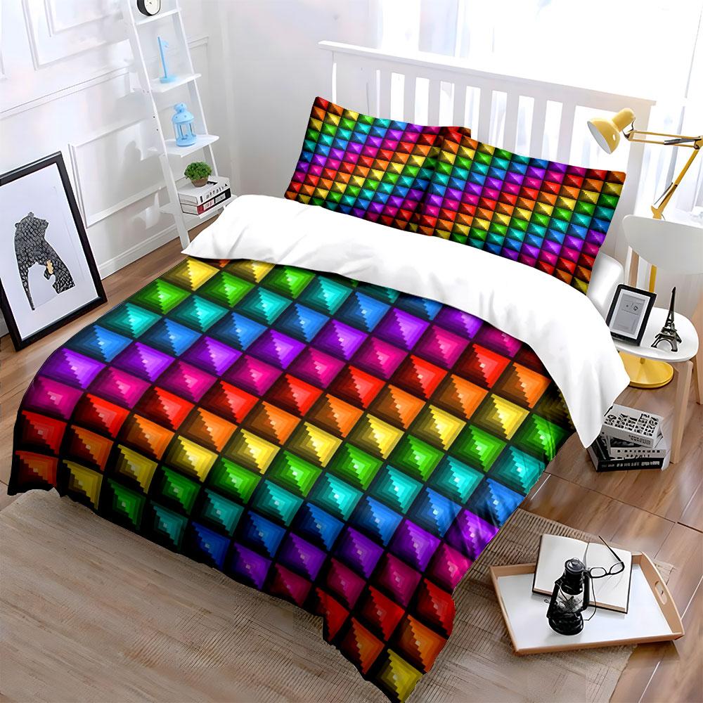 Pixel Art Rainbow Squares Pattern Bedding Duvet Cover Set (1*Duvet Cover 2*Pillowcases, Without Duvet Insert)