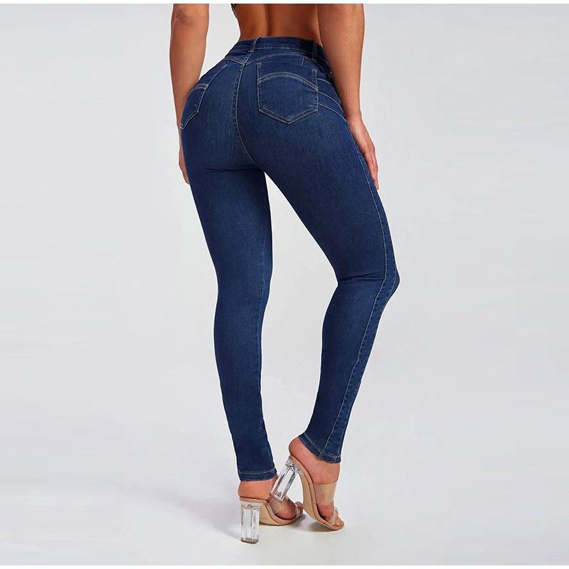 Dámské džíny Slim Fit Elastický pas Vysoký pas 2025 Jaro Léto Nový styl Plus Size Kalhoty s úzkou nohavicí Dlouhé džíny Ženský model