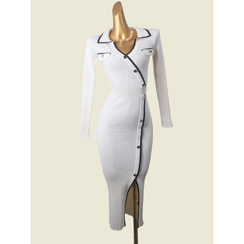 Fancy Classic Style Split Polo Collar Knitted Long-Sleeved Dress Female Autumn 2024 New Arrival Slim Looking Color Matching Wrapped Skirt