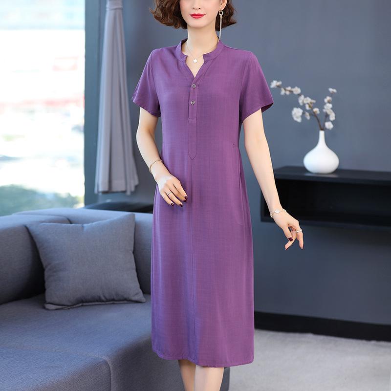 Women's Summer Over-the-Knee Loose Solid Color Dress in Cotton and Rayon