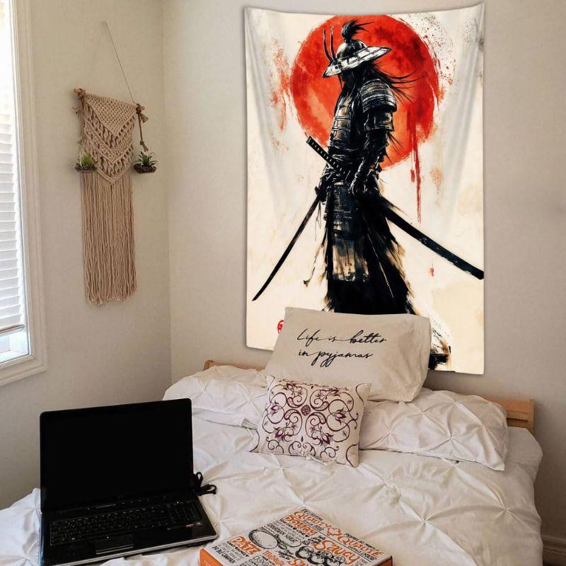 Japanese Retro Martial Arts Warrior Tapestry, Oriental Wall Hanging, Vintage Samurai Wall Decor for Bedroom Living Room