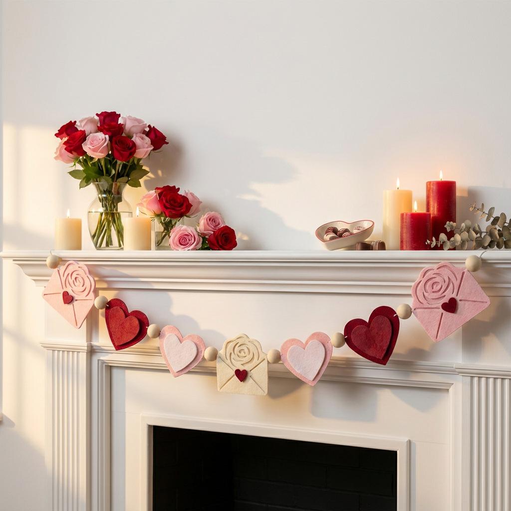 New 2026 Red Pink Heart Felt Flower Garland Banner for Valentine’s Day Wedding Proposal Party Decoration and Home Decor