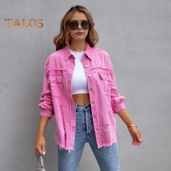 Women Denim Jacket Retro Single-breasted Ripped Hole Turn-down Collar Long Sleeves Solid Color Flap Pockets Lady Coat Commuting Shopping Coat