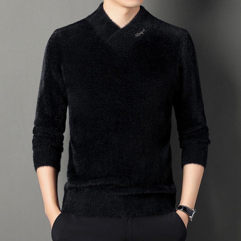 Young and Middle-aged Men's New Spring and Autumn Long-sleeved Cross-neck Embroidered Mink Velvet Sweater Is Slim and Handsome