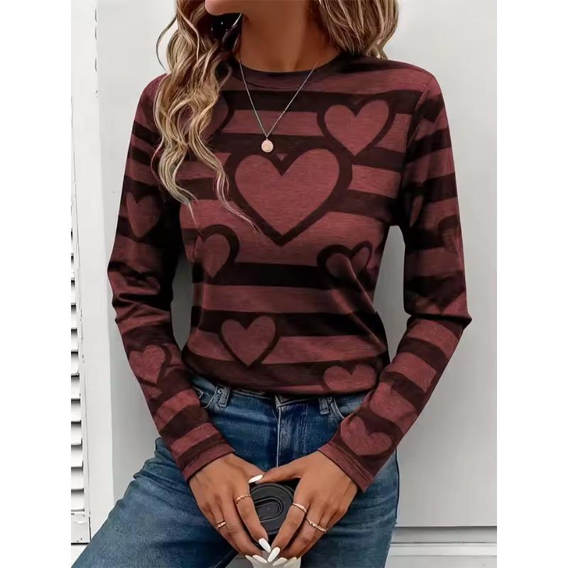 Women's Long-Sleeve T-Shirt Autumn Striped Heart Print Street Style Casual Crew Neck Pullover Loose Fit Outdoor T-Shirt