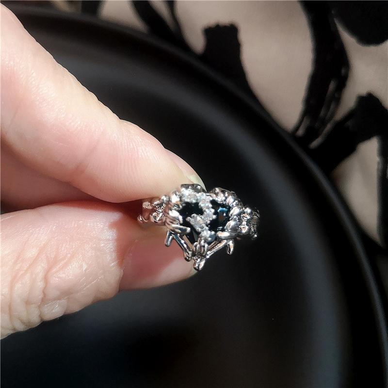 Gothic Punk Black Crystal Heart Love Red Cross Geometric Drip Oil Opening Ring Y2K Grunge Cool Hip Hop Jewelry Emo Accessories
