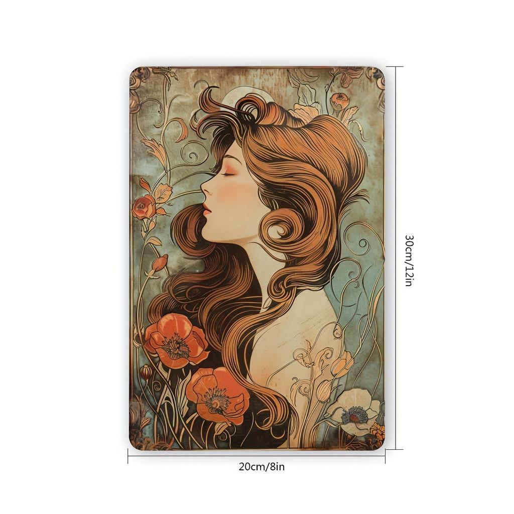 Vintage Long-Haired Lady Metal Tin Sign, Art Nouveau Floral Design, Iron Foil Engraving Wall Decor, Ideal for Garden, Restaurant