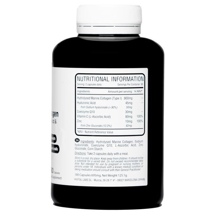Marine Collagen and Hyaluronic Acid, Coenzyme Q10, Vitamin C and Zinc. 180 Capsules. 3 Months of Treatment.