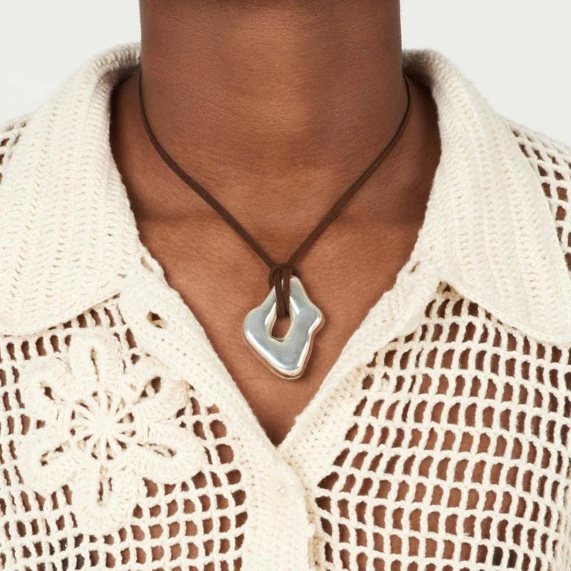 Trendy Irregular Geometric Metal Pendant Necklace Stylish Wax Rope Neckchain Handmade Jewelry Gift for Women Girls