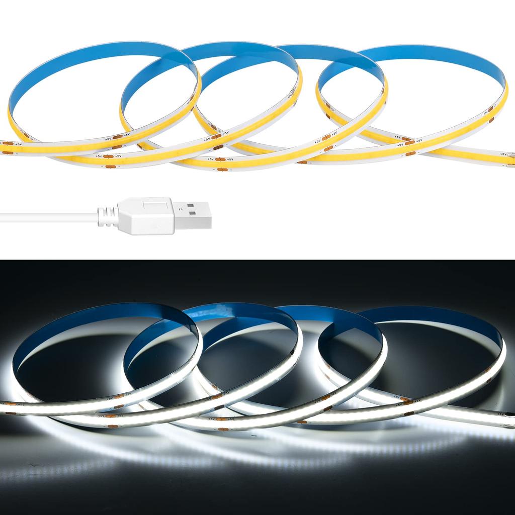 FCOB COB LED Strip Light USB Light High Density Flexible LED Strip Light 2M Daylight 6000K 8mm Width Strip Light DC5V Dimmable Deformable Cuttable