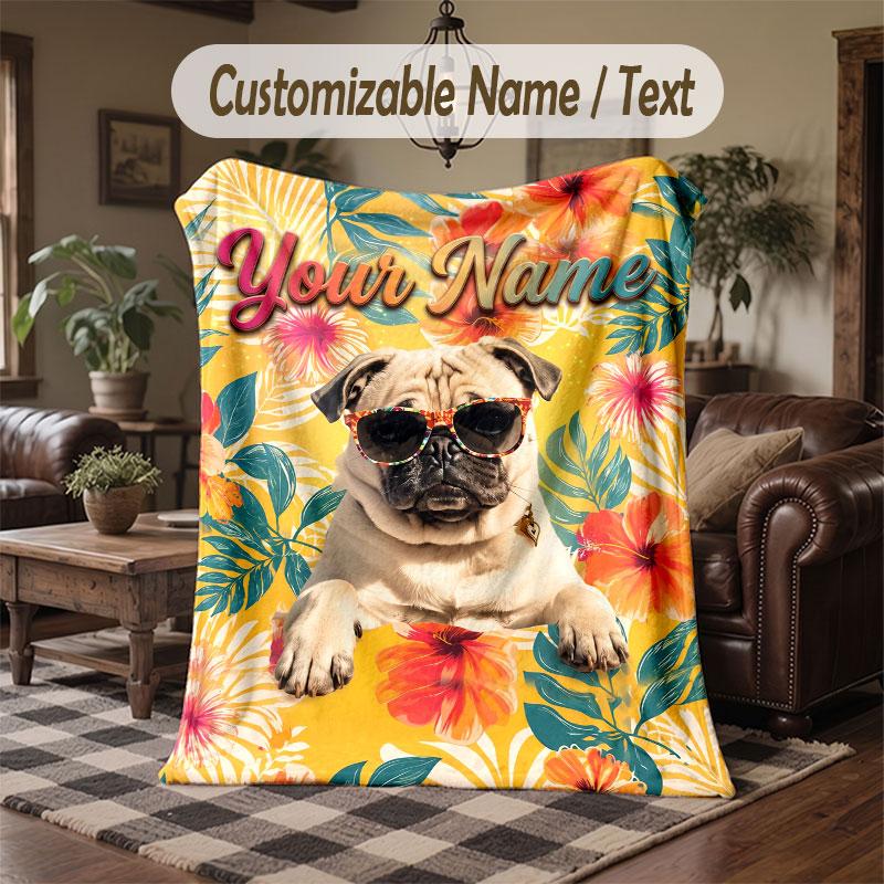 Pug Theme Throw Blanket Custom Name Text Personalized Blanket Soft Cozy Blanket for Home Sofa Bed