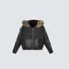 GY American Streetwear Denim Puffer Jacket Men Women Distressed Frayed Hooded Coat With Fur Trim Winter Warmth