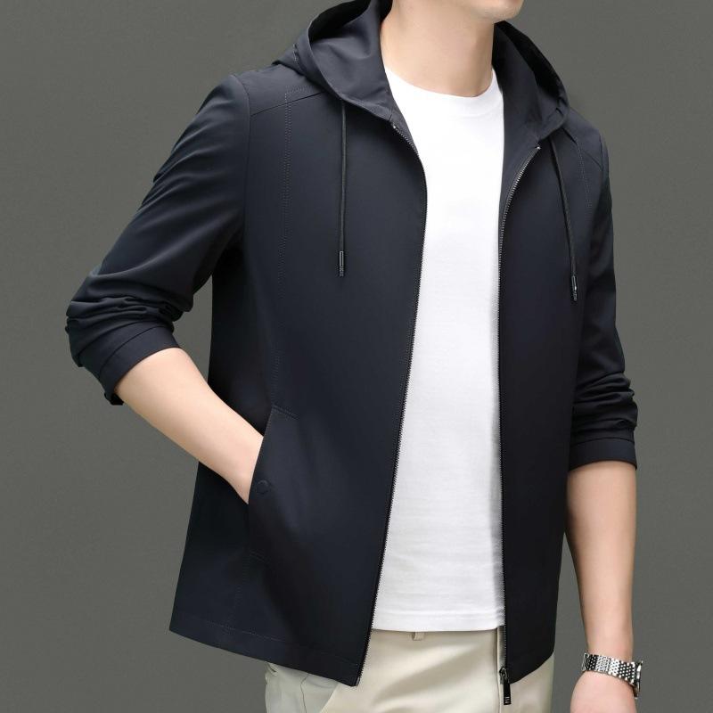 Herrenjacke aus Maulbeerseide Frühling und Herbst Herren Business Casual Kapuzenoberteil einfarbig dünne Jacke