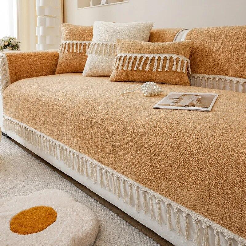 Short Plush Living Room Sofa Cushion Winter Thickened Warm Plush Cushion Non-Slip Leather Sofa Cover Backrest Cloth Towel