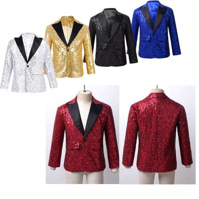 Kids Boys Shiny Sequins Lapel Blazers Tuxedo Jacket Coat Banquet Wedding Party Dance Show Sparkling Blazer