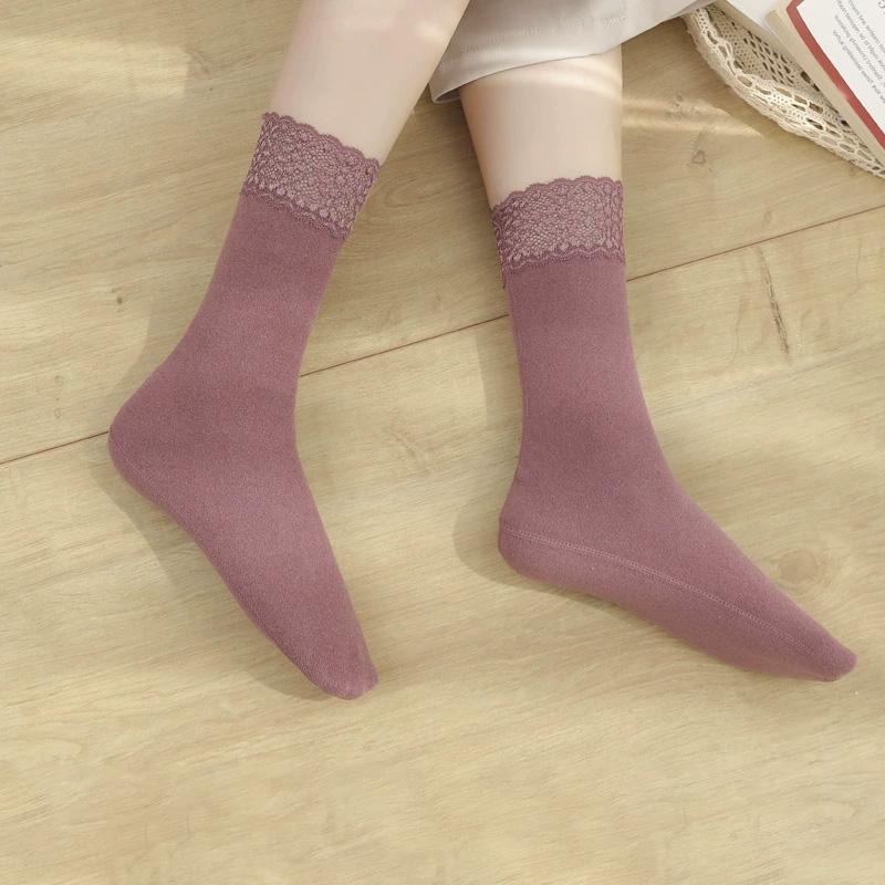1Pair Lace Keep Warm Thicken Winter Socks Self-heating Fleece-lined Cotton Snow Socks